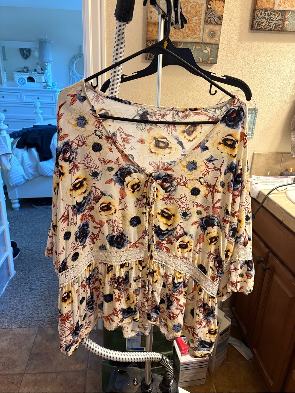 Maurices Floral Tie-Front Boho Tunic in Cream, Yellow & Navy